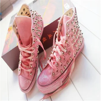 Ръчно изработени обувки с шипове, Класически издържат Маратонки с най-високо берцем, Ежедневни розови парусиновые обувки, выстиранные