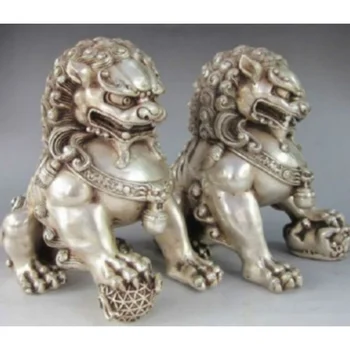 Двойка стари китайски статуи на кучета-охрана на врати от сребро Lion Foo Fu